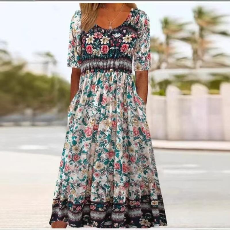 LYRIA Summer New Women s Bohemia Loose Fashion Print Round Neck Short Sleeve Long Dress S