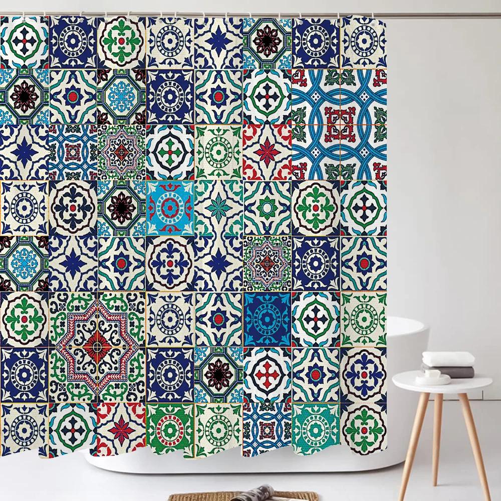 Sztuka łazienkowa Styl boho Zasłona prysznicowa Średniowieczna minimalistyczna sztuka Boho Poliester Zasłona do łazienki 180X180cm Z 12 haczykami