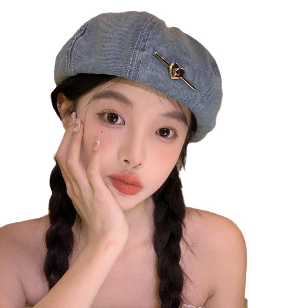 Japanese Fashion Washed Denim Beret Women'S Spring And Summer Big Head Circumference Retro Literary Painter Hat Showing Face Small Cloud Hat