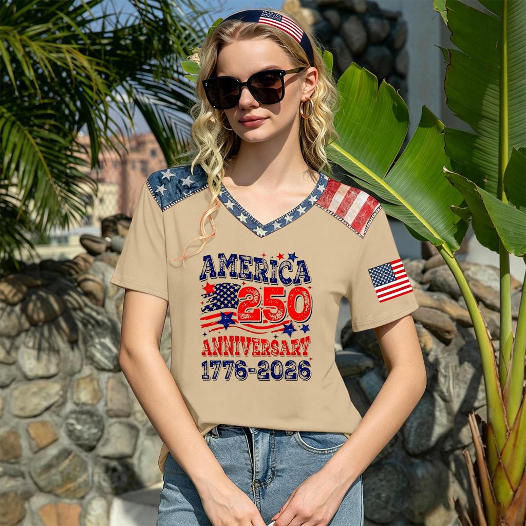Women's Casual V Neck Short Sleeve Pullover T Shirt Top American Flag Print 250th Anniversary Graphic Tee Lightweight Comfortable