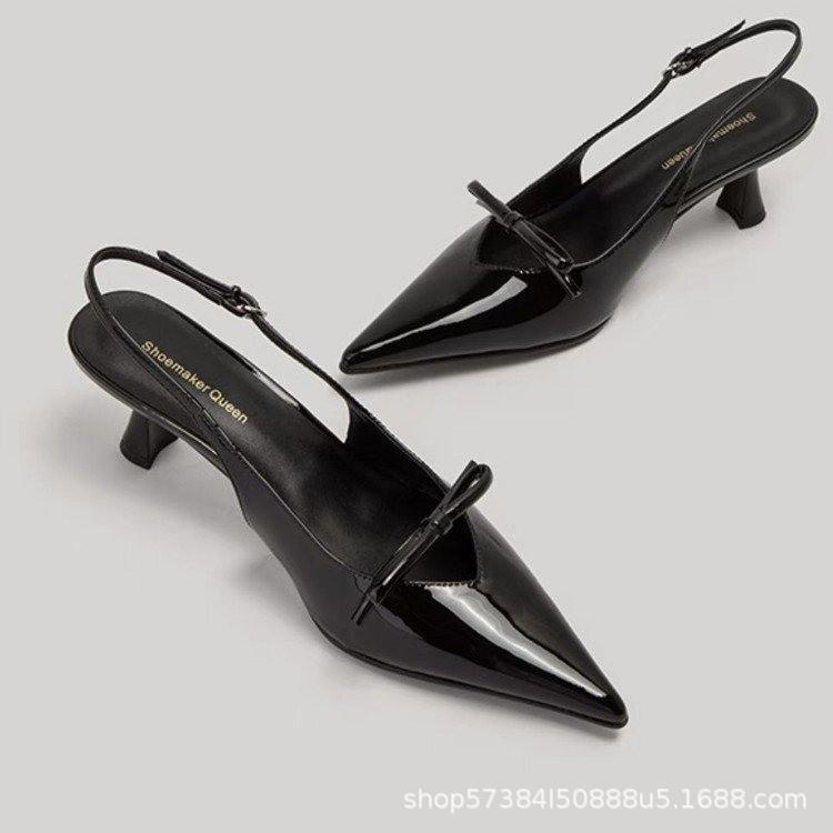 

Fairy wind pointed head patent leather hollow single shoes women s spring new bag head bow sandals back strap high heels 35 чёрный