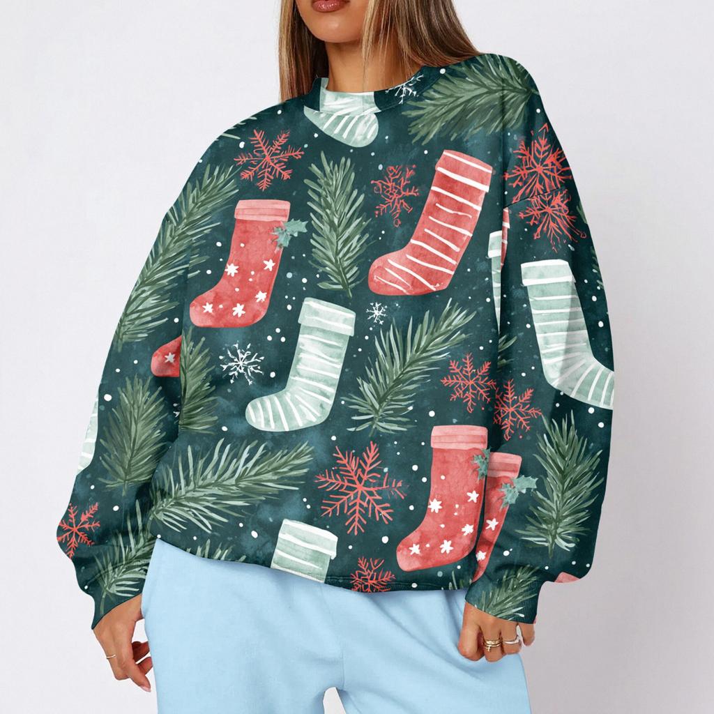 Damen Trendy Weihnachtsdruck Rundhals-Sweatshirt Leichtes Lässiges Pullover-Oberteil