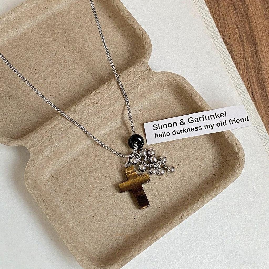 Vintage Natural Tigereye Heart Cross Beaded Necklace With Metallic Flower Pendant Women Sweater Chain Jewelry