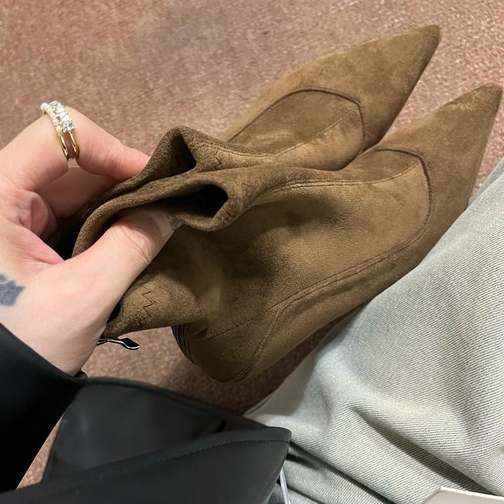 Autumn and winter French temperament pointed thin boots versatile high heel rear zipper suede fashion boots