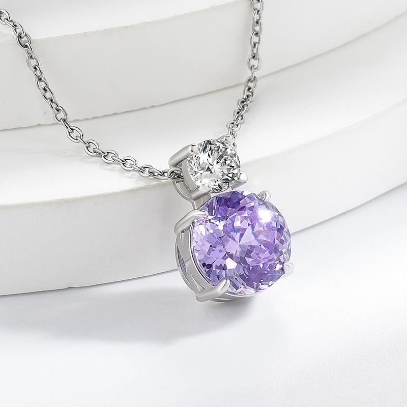 925 Sterling Silver Fashion Nest Cut Round Purple Crystal Zircon Pendant Necklace Birthday Party Anniversary Gift