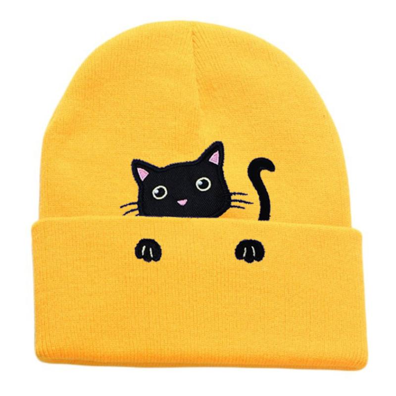 Winter Female Cat Embroidered Bonnets Cute Cat Acrylic Knitted Hats Soft Warm Beanies For Women Men