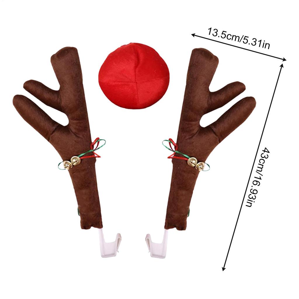 Cute Christmas Car Decoration Gray Deer Horn Antlers Car Kit With Red Nose For Holiday Gift Set Car Accessories Ornaments