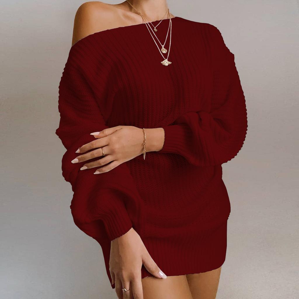Autumn Winter Solid Color Loose Woolen Dress Long Sleeve Slash Neck Casual Knitted Mini Dresses for Women