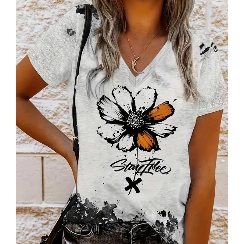 

Fashion Flower Painting Blouses Short Sleeved V-Neck T Shirts Casual XS чорний