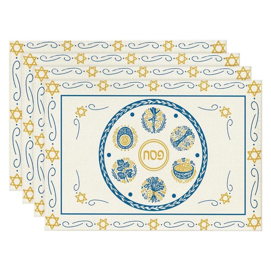 4PCs Happy Passover Linen Placemats Kitchen Table Decor Seder Plate Pesach Matzoh Star of David Jewish Party Placemats Decor 30x45cm-4PC