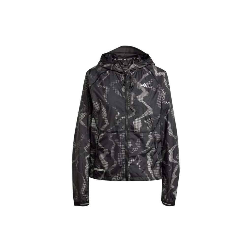 adidas Wind.Rdy Full Zip Hooded Jacket, Women Logo Print Long Sleeve Windproof Sports Outerwear Black Reflective Silver IT3445