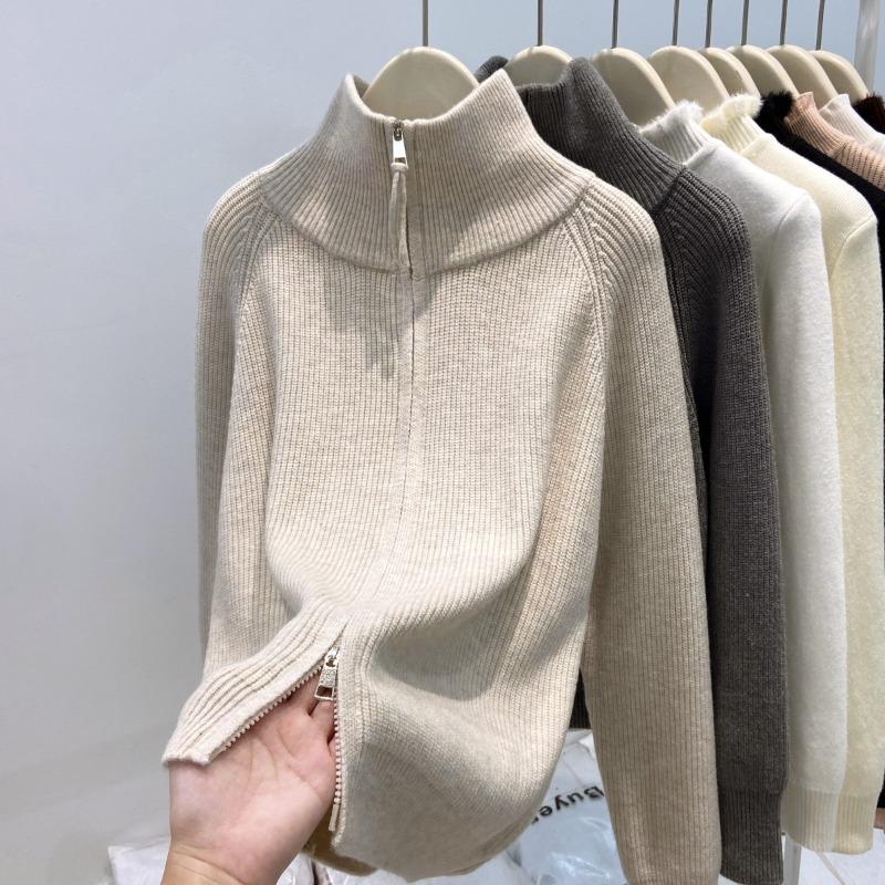 

Knitted cardigan sweater jacket women s spring turtleneck double zipper thickened outer wear retro solid color top L абрикосовий