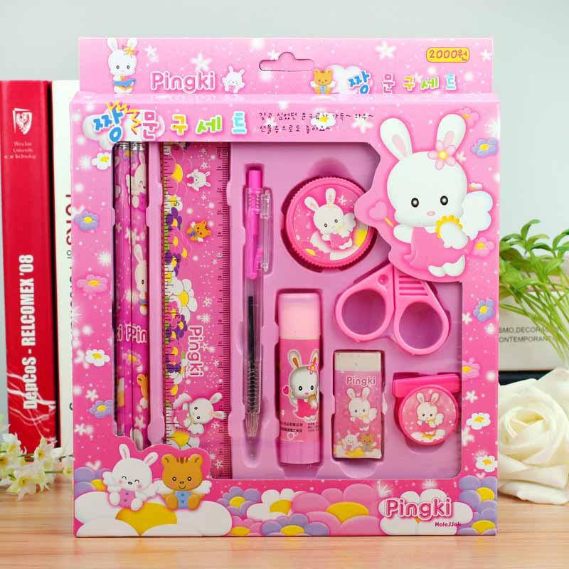 9pcs Cartoon Stationery Gift Set Ruler+ Pen +Pencil Sharpener+Scissors+Clips+ Eraser+Glue Kids School Supplies Prize Box