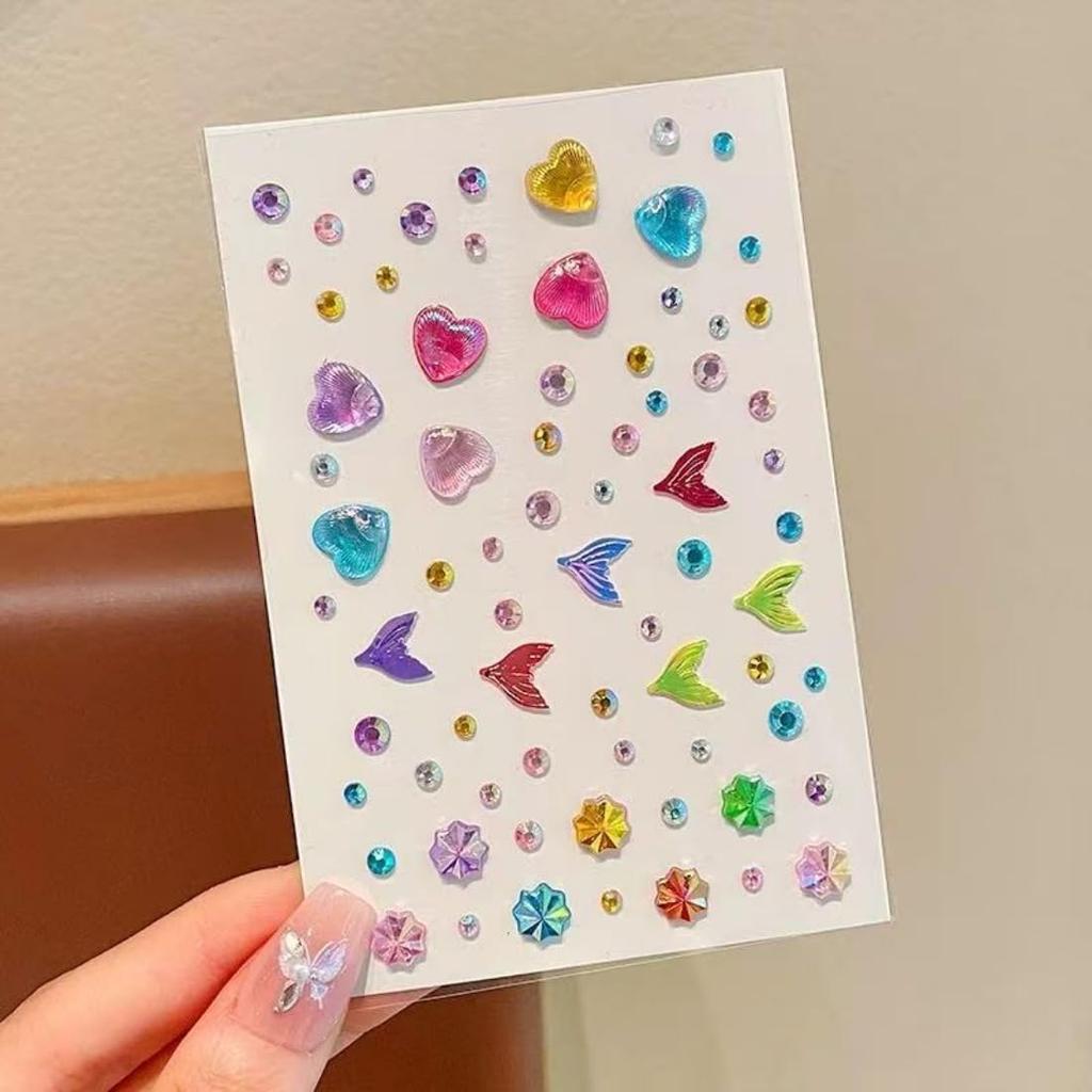 3D Glitter Face And Hair Stickers For Girls Butterfly Heart And Mermaid Tail Designs Colourful Gem Jewel Stickers3Pcs