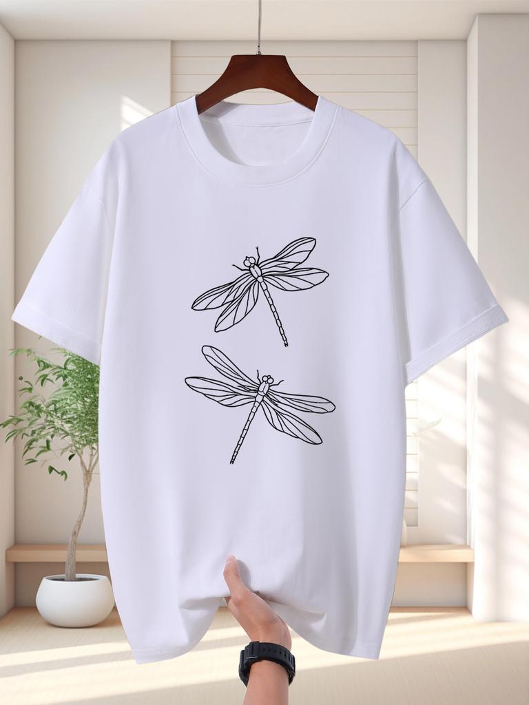 Unisex Navy Blue Tee Two Dragonfly Minimalist Line Art Print Crew Neck Short Sleeve Summer Casual Male Cotton Street Daily Top