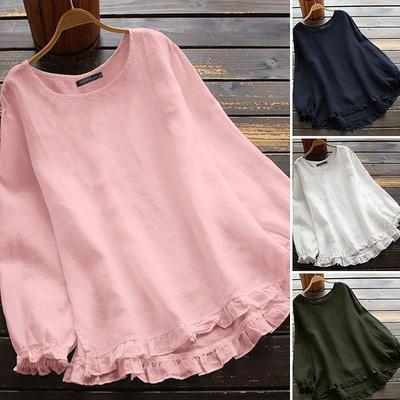 New In Elegant Teens Women Blouses Shirt Solid Loose Ruffle Bottom Cuffs Crew Neck Long Sleeve Shirt Blusas Mujer