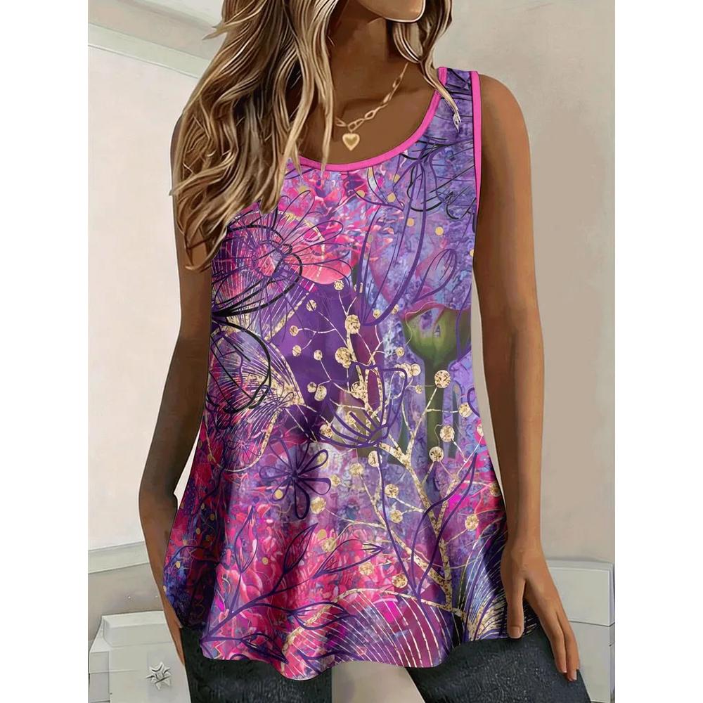 Fashion Women's Flower Printed T-Shirt Casual Loose Sleeveless Top Comfortable Camis Tank Tops