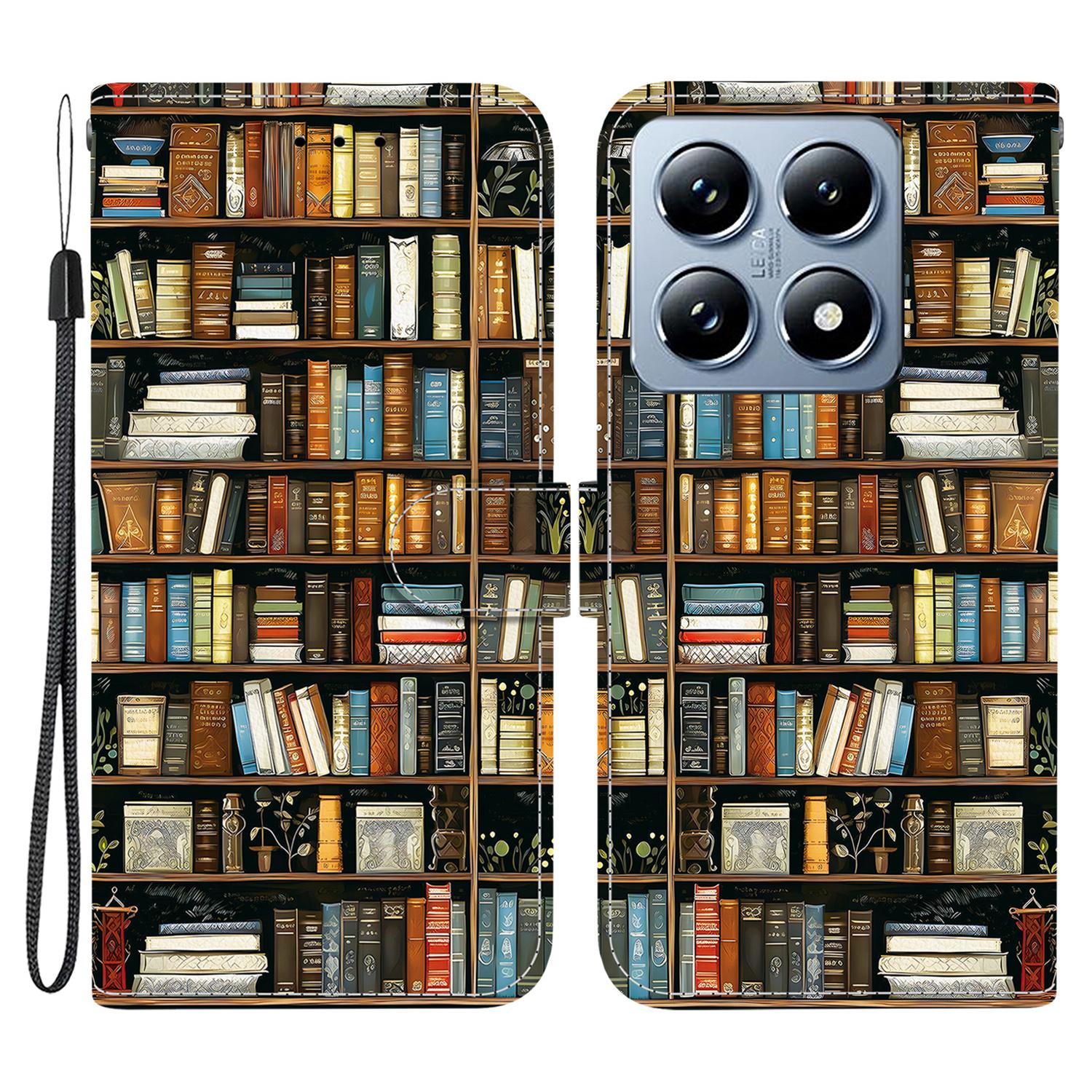 

For Xiaomi 14T Pro Leather Case Stand Wallet Pattern Printing Phone Cover with Wrist Strap Bookshelf