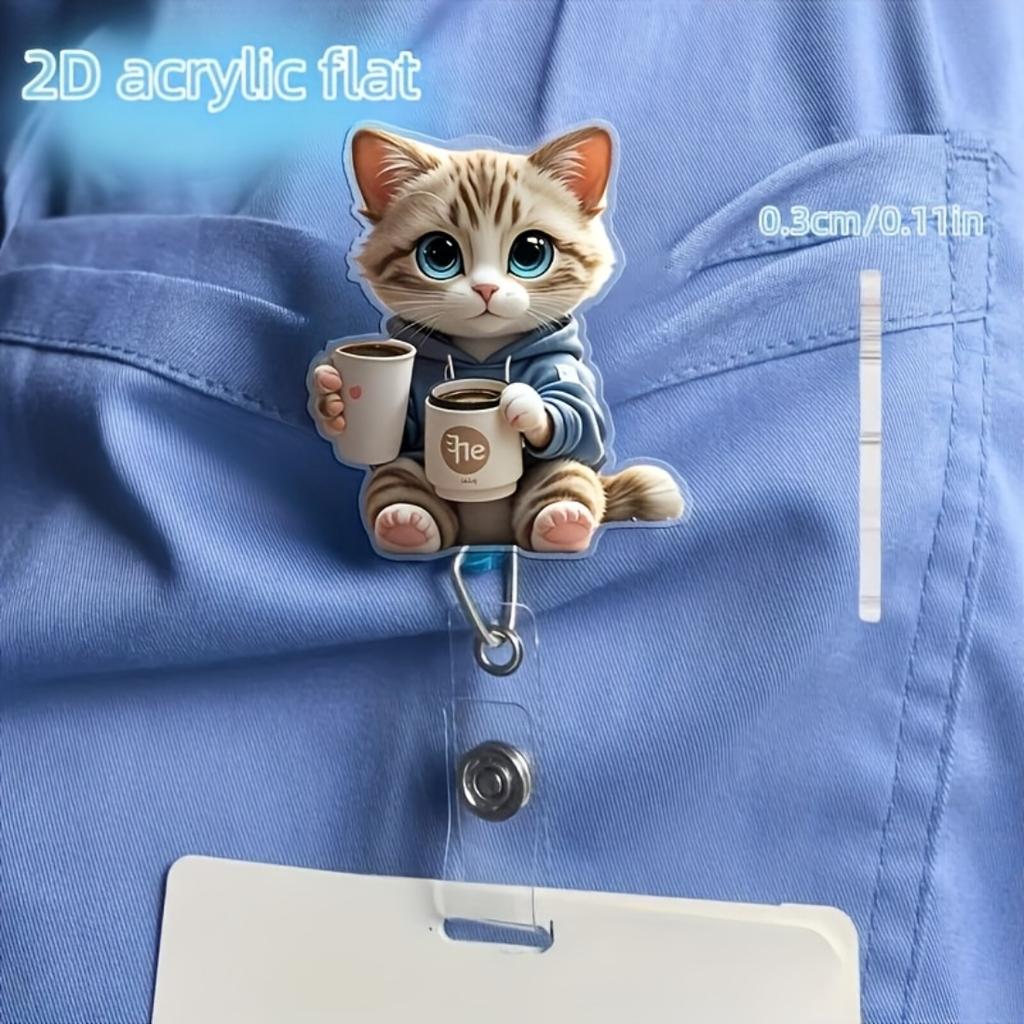 2D Flat Acrylic Cute Coffee Cat Retractable Badge Reel, Lanyard ID Clip For Nurses Doctors Registered Licensed Nurses Medical Workplace Use