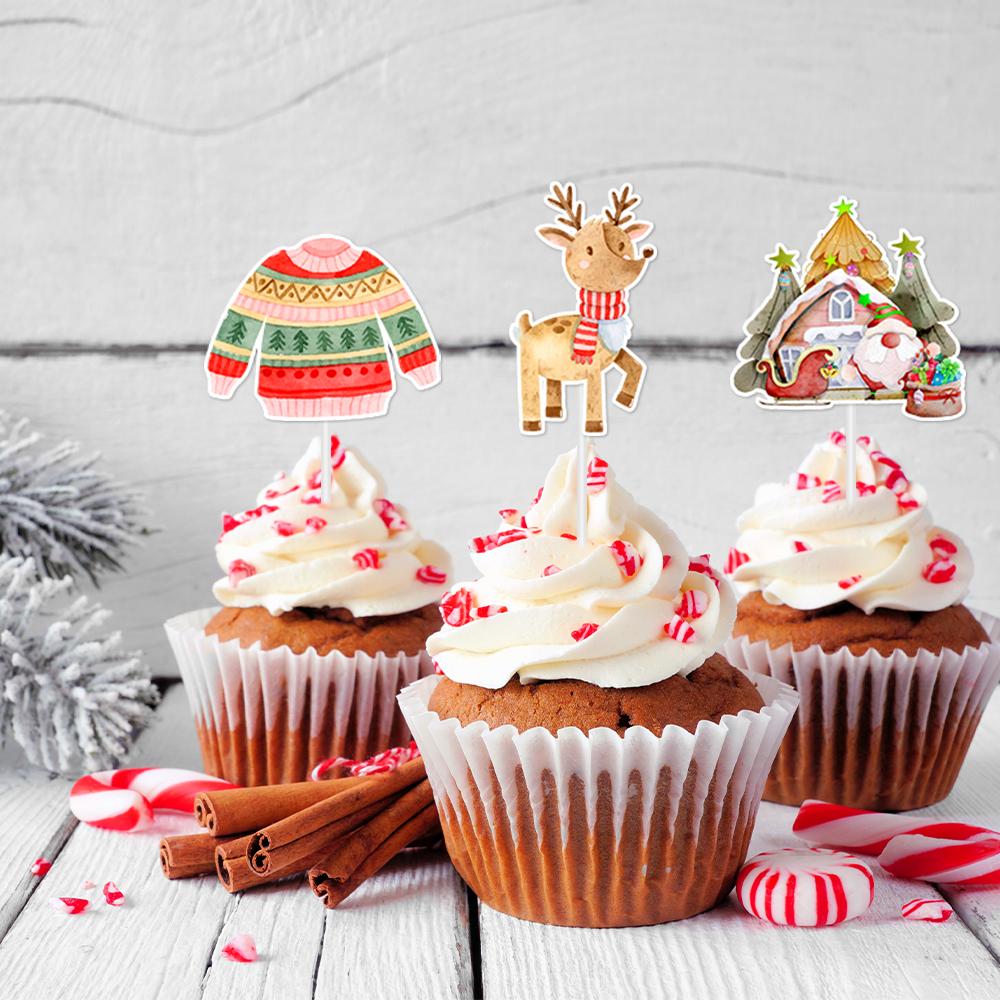24pcs/set Christmas Cupcake Topper Xmas Gift Santa Claus Snowman Print Cupcake Topper Merry Christmas  Supplies New Year 2025