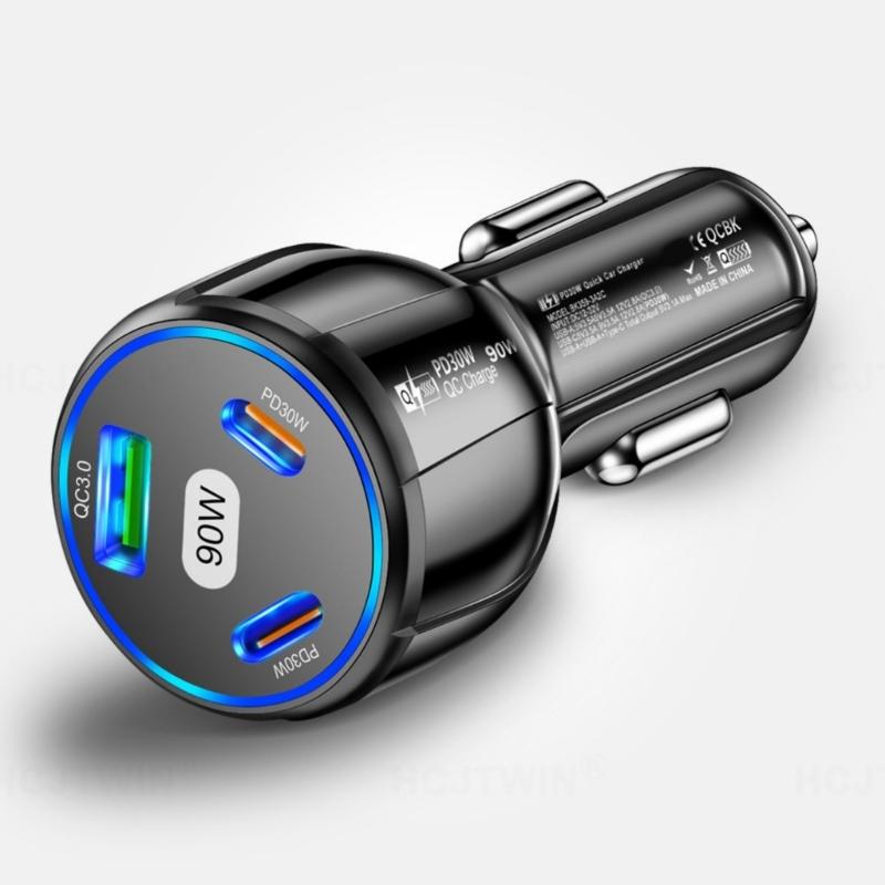 

Fast 90W Car Chargers 3 in 1 with Two PD and QC3.0 Port for Rapid Charging of Phones Tablets Laptops чёрный