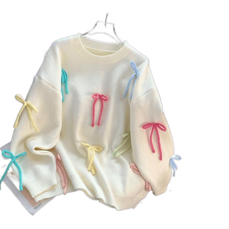 Women's 2024 Pink Bow Relaxed Sweater - New Autumn/Winter Loose Knit Top