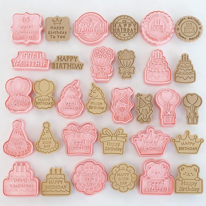 16pcs Birthday Cookie Mould Biscuit Fondant Embosser Stamp for Wedding Party Plastic Cake Decorating Baking Tool
