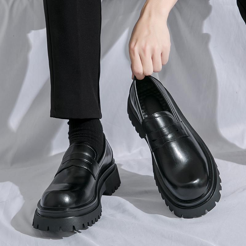 Spring Men's British Thick-Soled Leather Loafers: Trendy Casual Slip-On Shoes