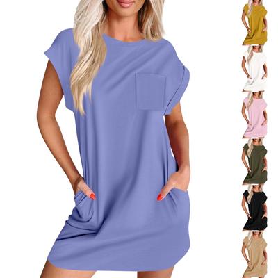 Damen Casual Sommerkleid Rundhals Kurzarm T-Shirt Hemdkleid Tasche