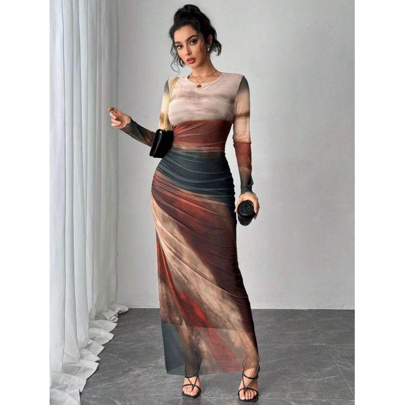 European and American Ins Style Tie-dye Pleat Slim Fit Slimming Sexy Dresses for Women Round Neck Long Sleeve High-Grade Temperament Long Dress Women