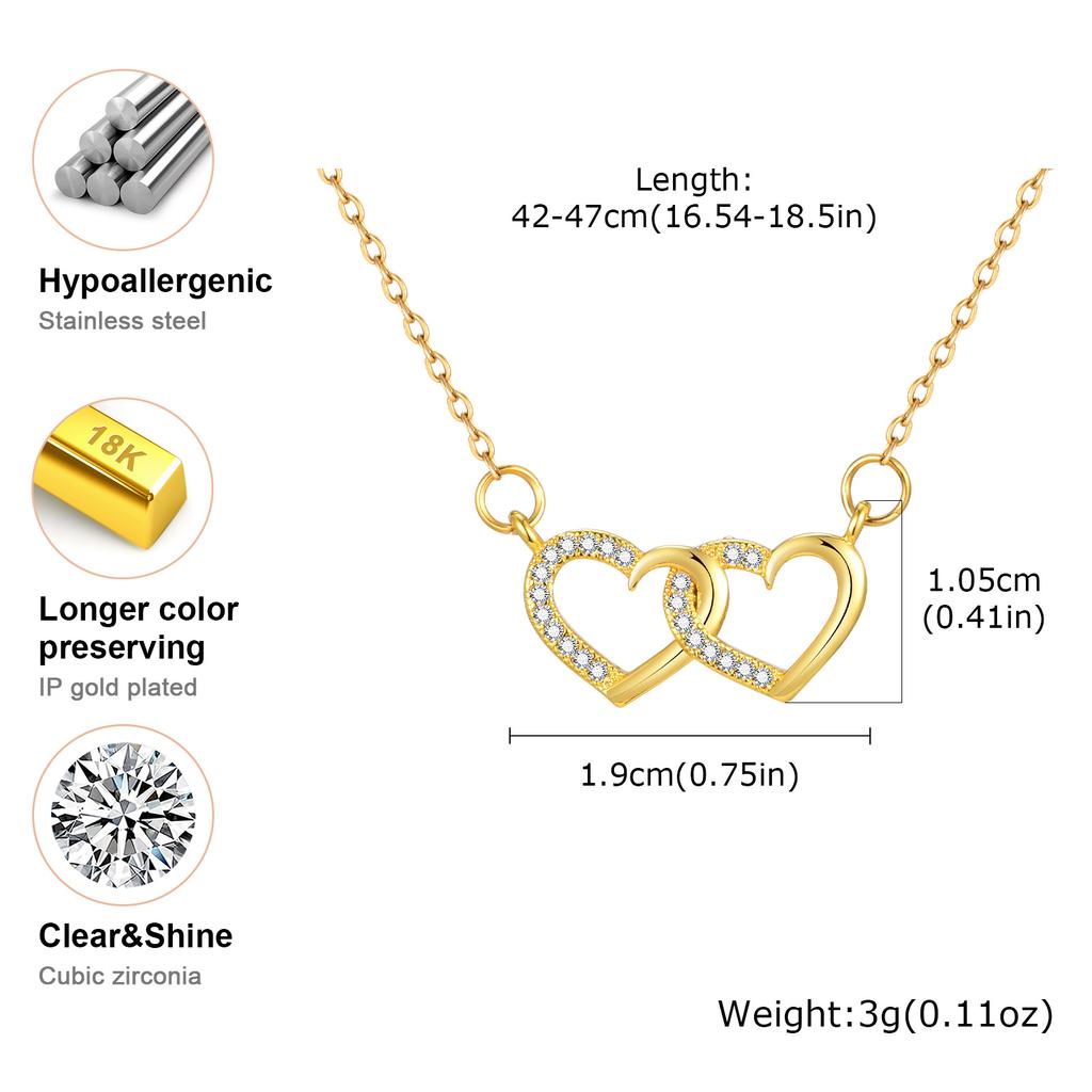 Exquisites Zirkon Doppelherz Halskette für Damen, Flache Rolo Kette Edelstahl Halsketten, Mode Wasserdichte Schmuck Geschenke