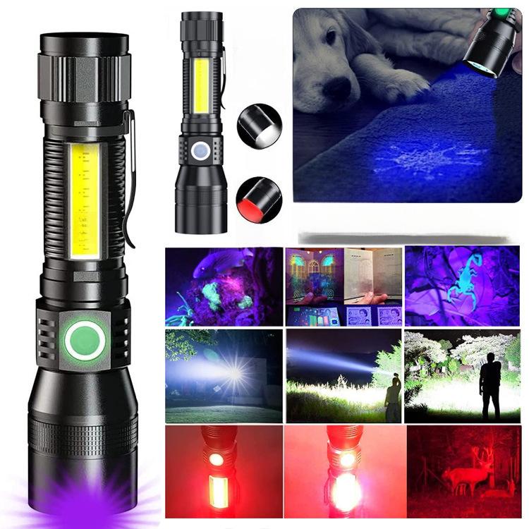 7-Function USB Rechargeable Magnetic Flashlight with Fluorescent Detection: Includes Red, White, Purple, and COB Strong Light with Focus.