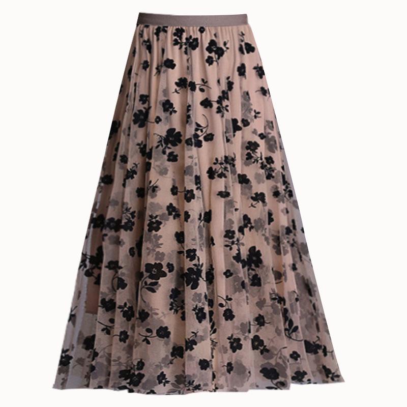 Women's High-Waisted Double-Sided Flocked Mesh Pleated A-Line Midi Skirt - New Slimming Spring Style