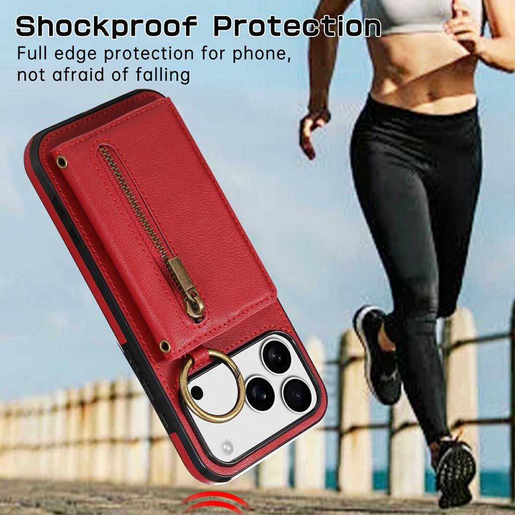 For iPhone 17 Pro Leather Back Cover Zipper Wallet Kickstand Phone Case with Shoulder Strap