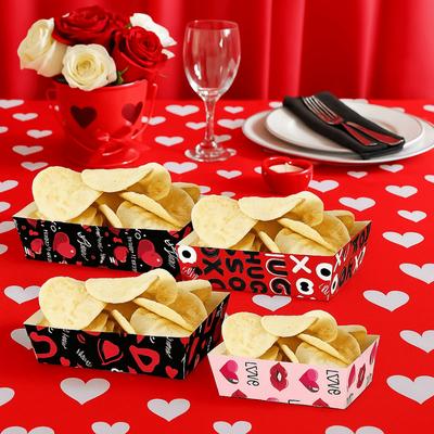 12Pcs/Set Creative Disposable Paper Food Trays Boat-Shaped Trays Paper Valentine's Day Dinner Plate Rectangular Thickened