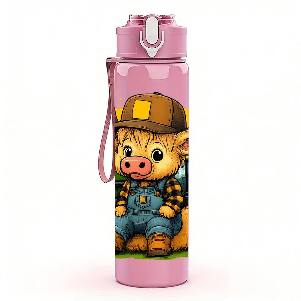 1PC Construction Pig Worker Cartoon 750ml Color Plastic Sports Water Bottle Leakproof Flip Straw Lid Suitable for Sports Office Home Use
