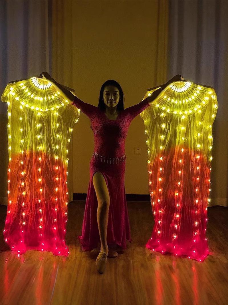 

Rechargeable LED Glowing Christmas Belly Dance Fan Prop - Red & Yellow Gradient Costume 1.5m 3AA Battery Left Hand Fan