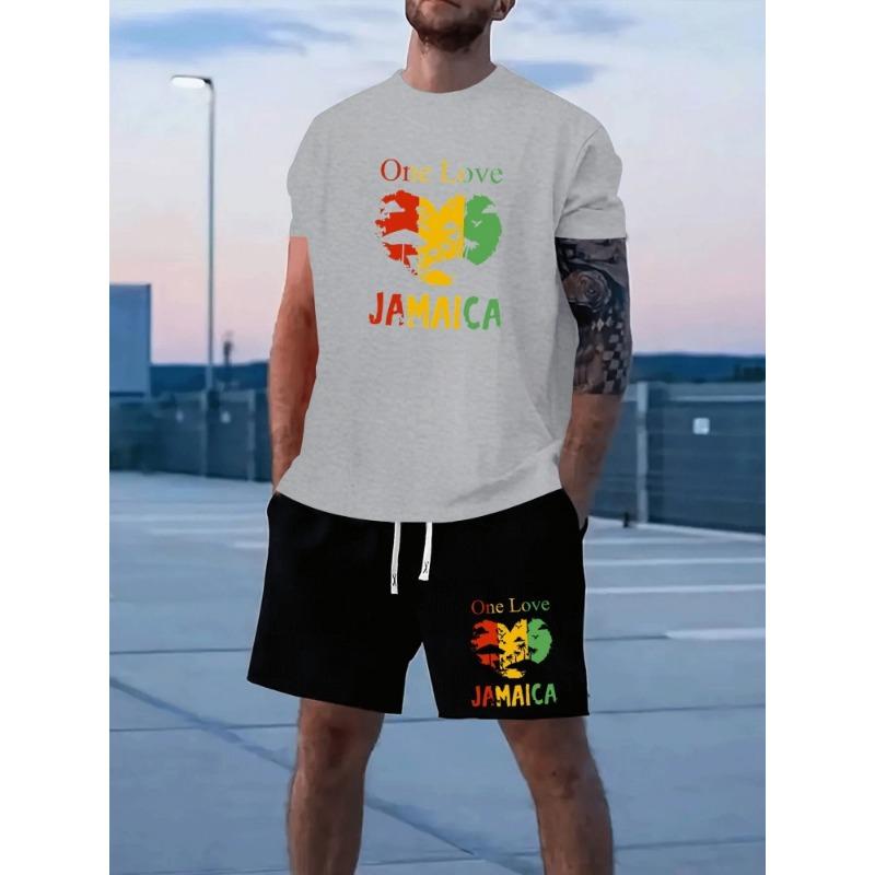 New Summer Daily Casual Men's T-shirt Outdoor Sports Men's Shorts One Love Monogram Printed Men's Short Sleeve Shorts Set
