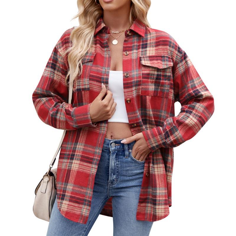 Women S Loose Casual Plaid Pocket Long Sleeve Shirt