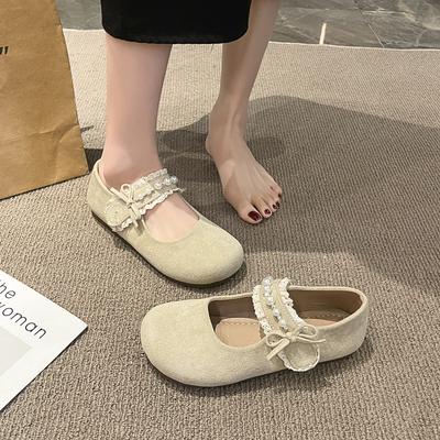 Sapatos únicos de bico redondo versátil, boca rasa, laço com strass, sola plana, femininos, novos para primavera e outono de 2025, retrô, sola macia, tipo Mary Jane