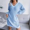 Dámský podzim Zima Jednobarevný svetr s výstřihem do V s dlouhým rukávem All Match Knit Dress