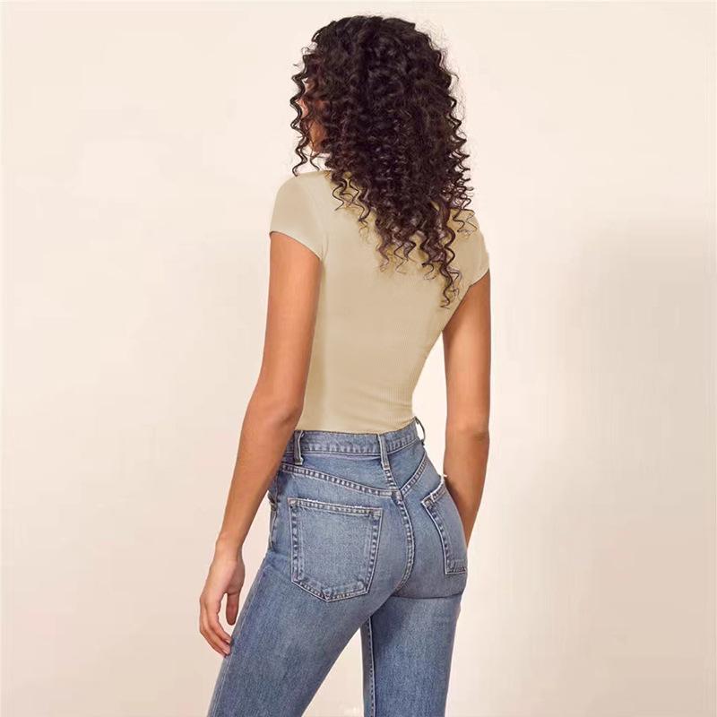 GMXIA Summer Short Sleeve Women's Sexy Tight Cotton Ribbed O-Neck Bodysuit