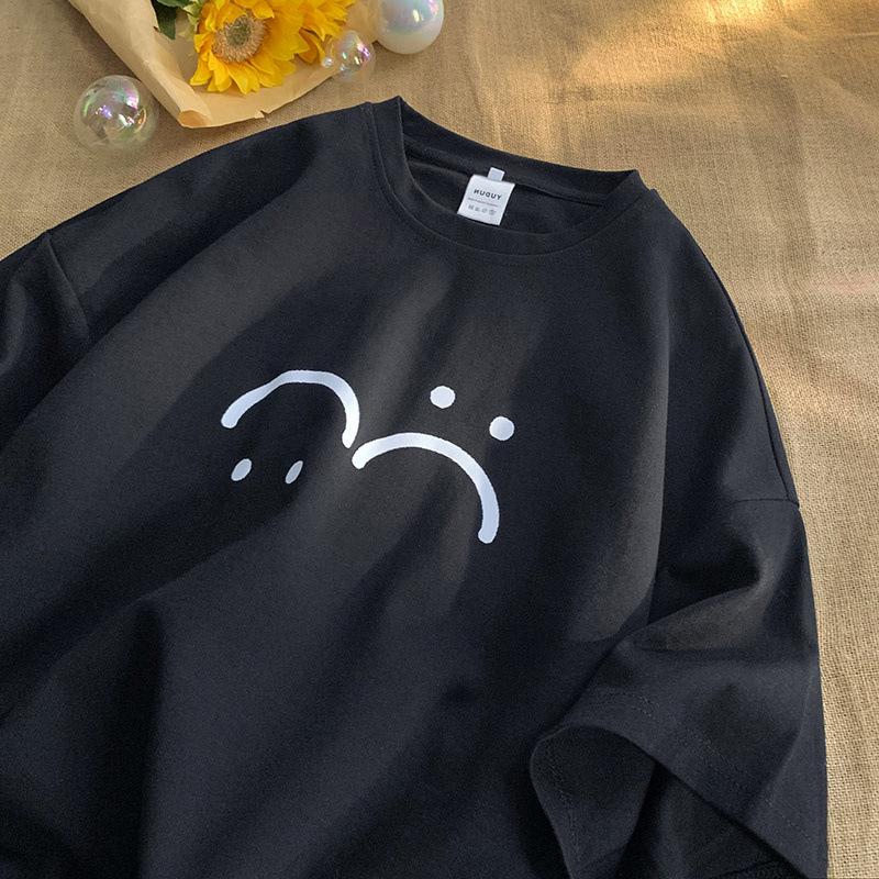 

Корейская женская летняя футболка большого размера со смайликом - Модная хлопковая футболка с коротким рукавом, Повседневная мода для пар L (95-120 lbs recommended)