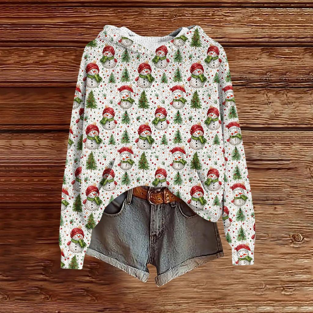 Women's Fashion Casual Long Sleeve Christmas Print Hooded Knitted Sweatshirt