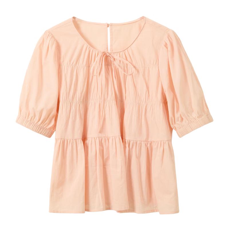 Women s 100% Cotton Solid Round Neck Puff Sleeve Short Doll Blouse S