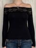 Weekeep Slash Neck Spitze Patchwork T Shirt Elegante Sexy Dünne Lange Hülse T Shirts für Frauen Harajuku Y2k Ästhetischen Frauen Shirts