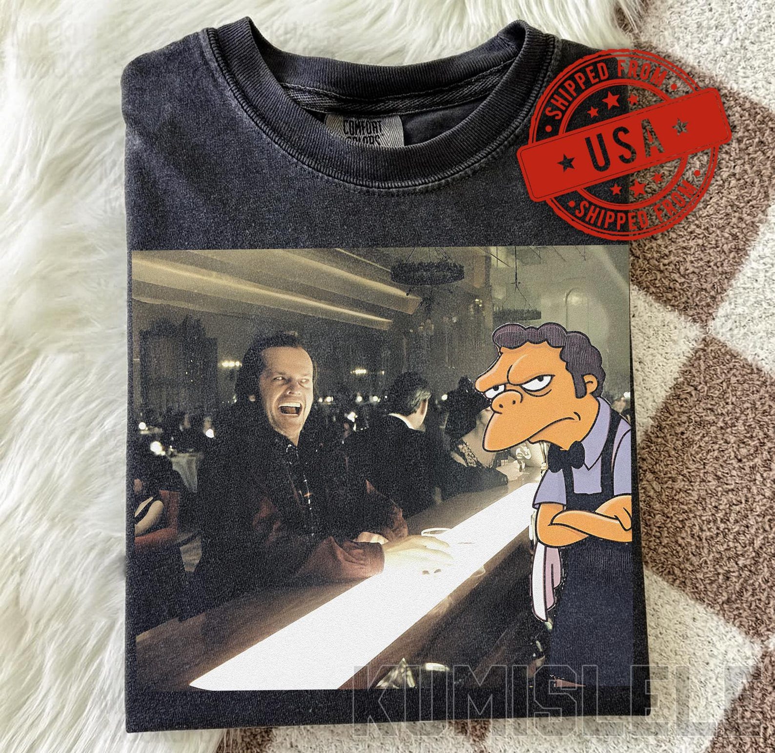 The Shining x The Simpsons Mashup T-Shirt | Jack Torrance & Moe Szyslak Bartender | Vintage Horror Parody Tee | Comfort Colors Washed Shirt 2XL