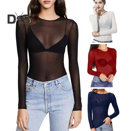 Tricou de damă cu gât rotund, mânecă lungă, croială slim, pulover, topuri din fir plasă transparent, topuri de bază pentru purtare zilnică