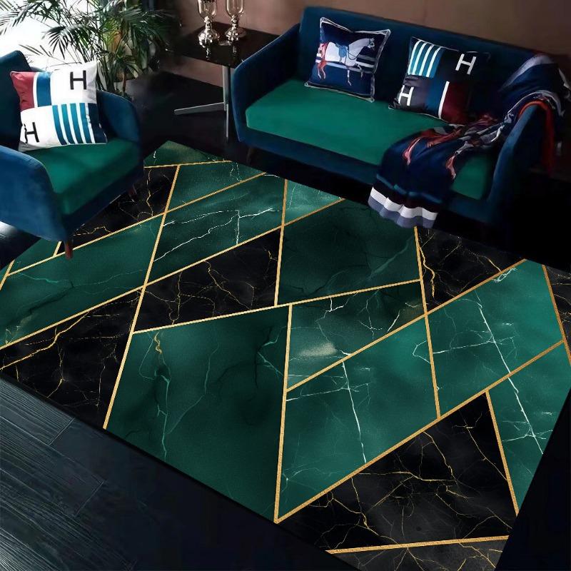 Green Geometry Carpet Non Slip Rug for Living Room Sofa Table Side Marble Golden Line Bedroom Decor Mat