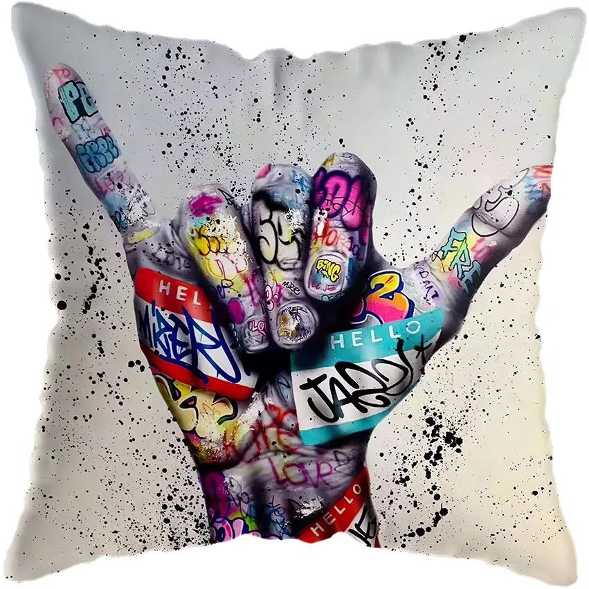 

Nordic Graffiti Hand Lip Lion David Cushion Cover Graffiti Street Art Painting Pillowcase Home Decor Polyester Pillowcase 16x16Inch